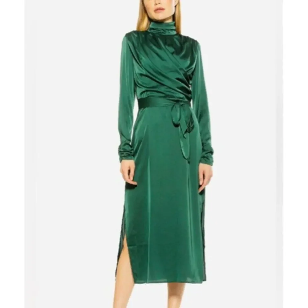 NWT Alexa Admor Emerald Green Long Sleeve High Neck Midi Dress sz 2 - Picture 3 of 10